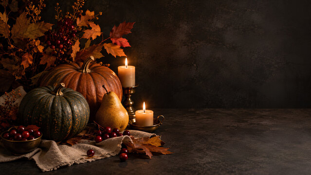 Moody Autumn Pumpkin Still Life with Candlelight