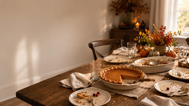 Thanksgiving Table After Dinner with Pie and Used Plates