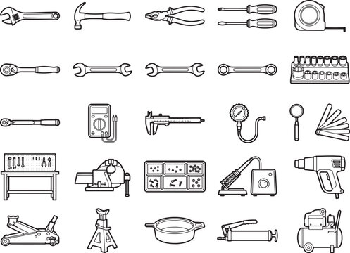 Assortment of Tools: A collection of various mechanical and DIY tools, from wrenches and screwdrivers to a vise and a car jack, displayed in a grid pattern for easy selection and reference.