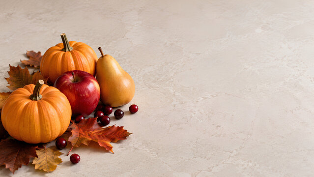 Autumn Pumpkins and Fruit Arrangement with Copy Space