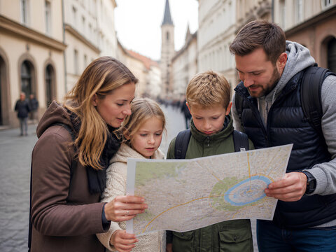 Happy family with children studying city travel map outdoors in urban street setting