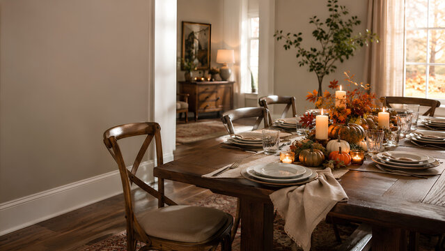 Thanksgiving Dining Table with Autumn Harvest Centerpiece