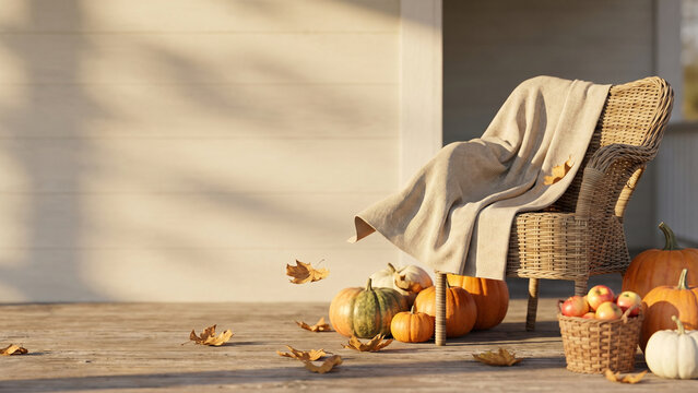 Rustic Rocking Chair with Pumpkins in Autumn Sunlight