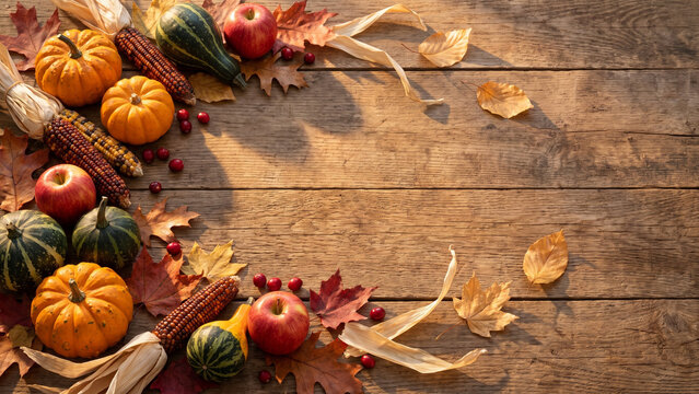 Autumn Harvest Frame with Pumpkins Apples and Corn
