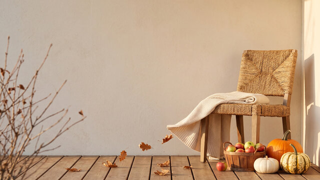 Rustic Chair and Pumpkins with Autumn Copy Space
