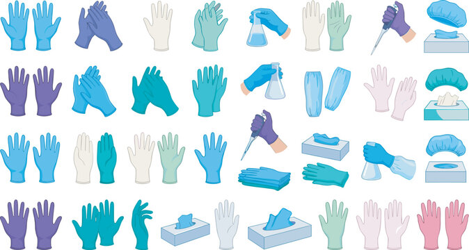Medical protective gloves vector icon set featuring colorful rubber latex gloves dispenser boxes surgical bouffant caps sleeves and laboratory hygiene equipment