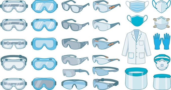 Laboratory safety equipment vector icon set featuring medical protective goggles face masks lab coats gloves respirators and chemical workspace protection gear