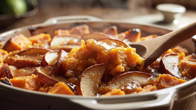 Close up wooden spoon scooping hot sweet potato casserole with glazed apple slices for dinner