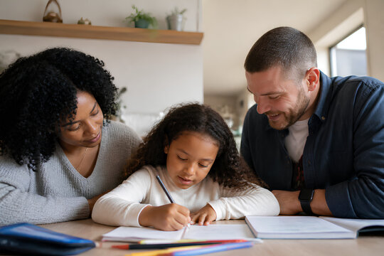 Multiethnic family helping daughter with homework at kitchen table in bright modern home