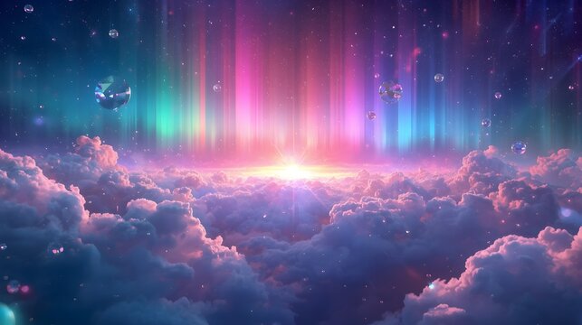 Dreamy Fantasy Cloudscape with Northern Lights Aurora and Crystal Spheres