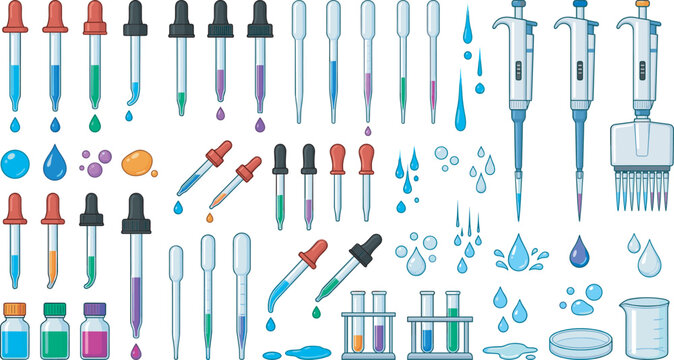 Laboratory pipette and dropper vector icon set featuring electronic micropipettes glass liquid droppers test tubes chemical bottles and science research equipment