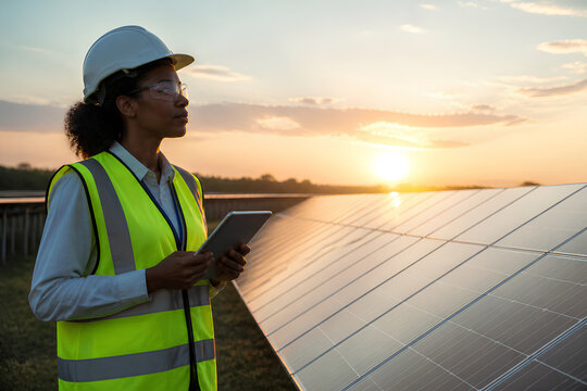 Female engineer in safety vest inspecting solar panels at sunrise for renewable energy project