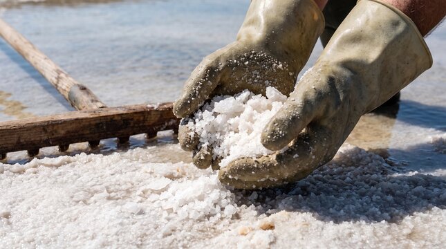 Salt worker gathering sea salt