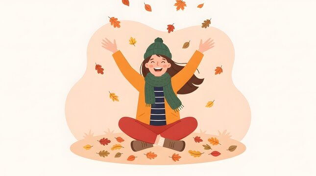 A cheerful young woman wearing a warm winter hat and scarf sits happily while colorful autumn leaves fall around her in this festive thanksgiving banner