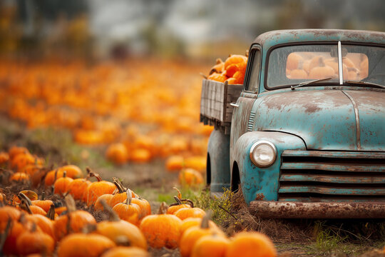 Old vintage truck in a field of pumpkins, pumpkin farm harvest in autumn, fall and halloween illustration