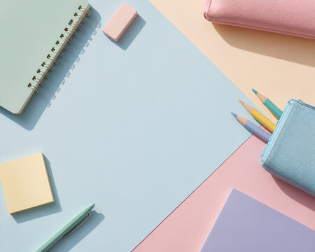 Flat lay stationery set with notebook, pen, eraser, and pastel office supplies on light background