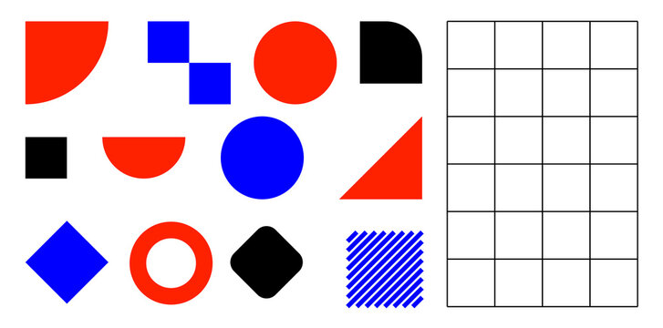 Set of geometric shapes including circles, squares, triangles, and patterns in red, blue, and black colors isolated on transparent background