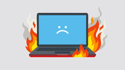 Laptop on fire with sad face error screen, computer overheating problem © Tahphoto