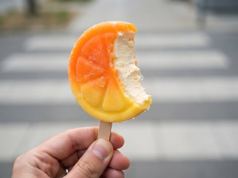 Bite out of an orange slice shaped fruit ice pop held by a hand outdoors
