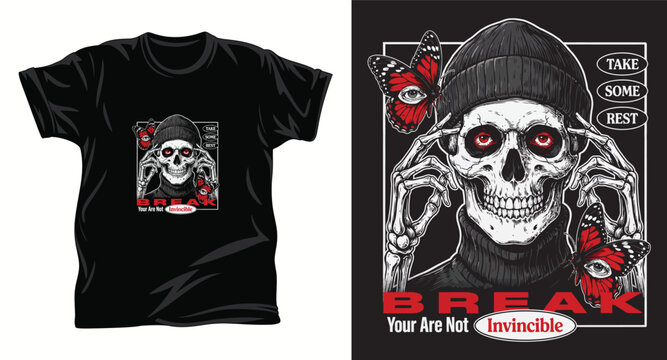 Skull with butterfly and beanie streetwear tshirt design vector illustration for modern clothing brand.