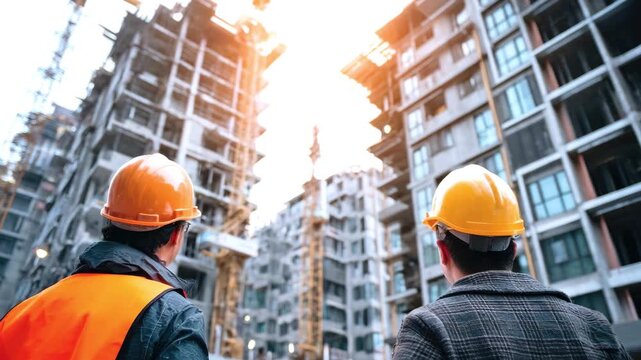 Two workers in hard hats stand and watch the large-scale construction of high-rise buildings with tower cranes. Concept of infrastructure development, engineering supervision