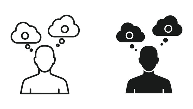 Person thinking with multiple thought clouds icon set in vector line and solid black