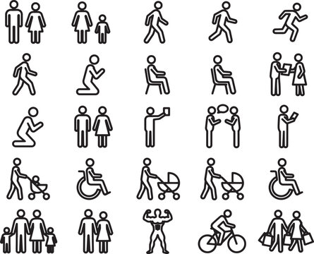 Set of Human Icons: A comprehensive collection of simple line art icons representing diverse human figures and activities, from family units to individual actions and needs.