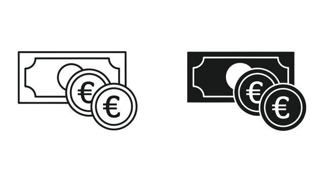 Euro currency banknote and coins vector icon set for financial design projects