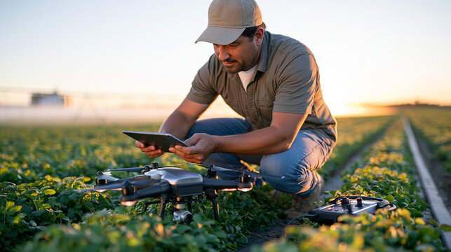 farmer crouching in a large crop field examining a compact agricultural drone that just landed, tablet controller resting nearby, irrigation tracks and morning mist visible across