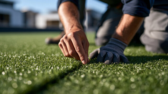 close-up of a construction worker aligning the seam of a green artificial turf roll on a rooftop football pitch, dense urban city buildings blurred in the background, correct safet
