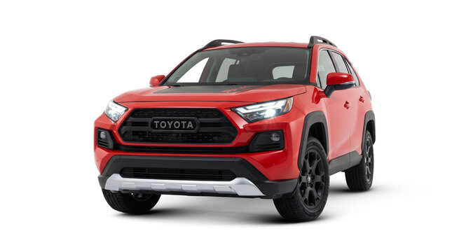 Red Toyota RAV4 Isolated on Transparent Background, Compact SUV Cutout PNG
