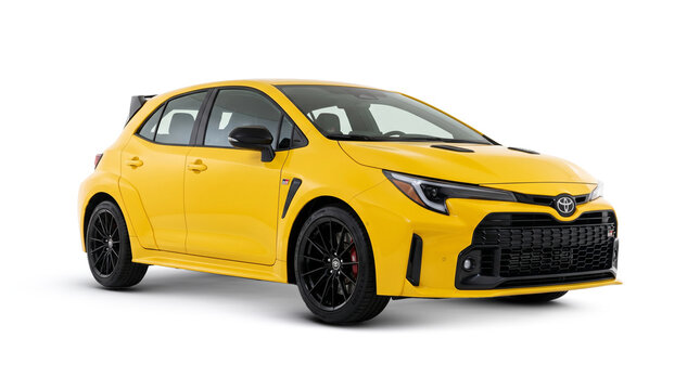 Yellow Toyota GR Corolla Isolated on Transparent Background, Performance Hatchback Cutout PNG