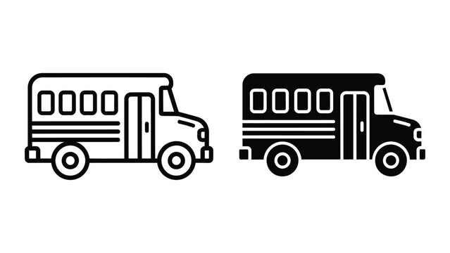 School bus transport vector icon set in outline and solid black graphic style