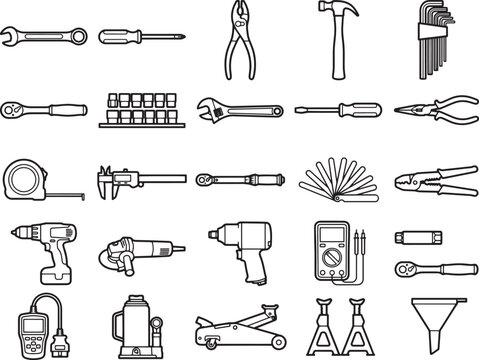 Assortment of Tools: A collection of various hand and power tools, including wrenches, screwdrivers, pliers, hammers, drills, and more, displayed in a grid format, symbolizing repair, construction.