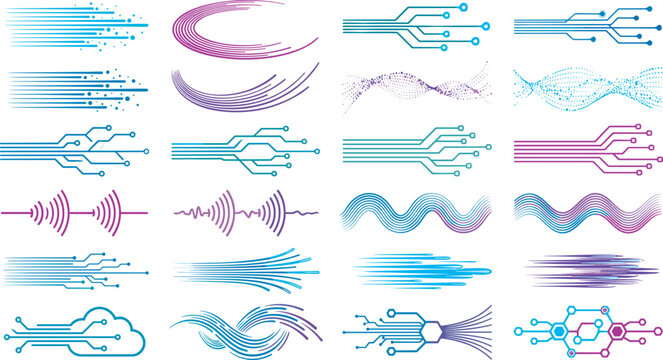 Abstract digital circuit line and tech wave vector icon set featuring electronic motherboard nodes data processing streaks cloud network links and cyber technology elements