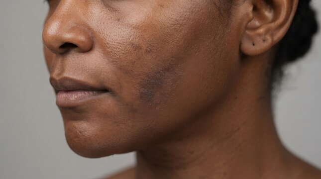 Close up profile view of a woman with natural skin texture and hyperpigmentation on her face