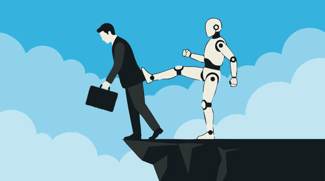 Robot Kicking Businessman Off Cliff, Concept of AI Job Displacement