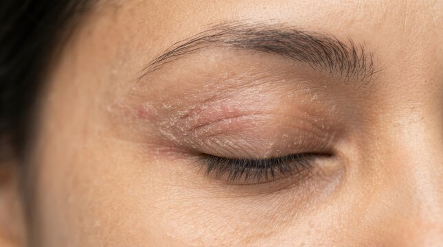 Close up of a woman with closed eyes wearing subtle natural brown eyeshadow and groomed eyebrows