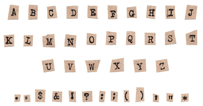 Old Brown Newspaper Cutout Letters and Punctuations Typewriter Font Ransom Note 
