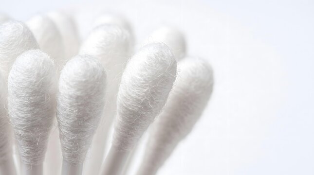 Close-Up of White Cotton Swabs on a Clean Minimal Background with Copy Space