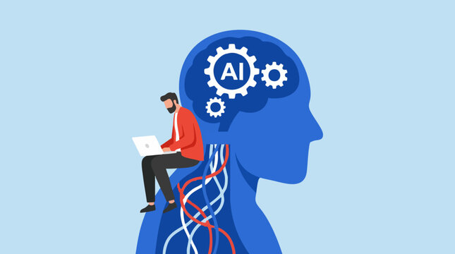 Man working on laptop connected to a conceptual AI brain system