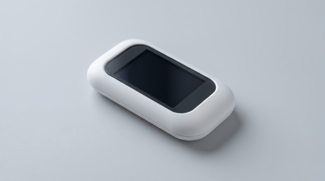 Portable medical pulse oximeter device featuring a sleek white plastic ergonomic casing with a dark blank display screen sitting isolated on a smooth light gray surface in professional studio lighting