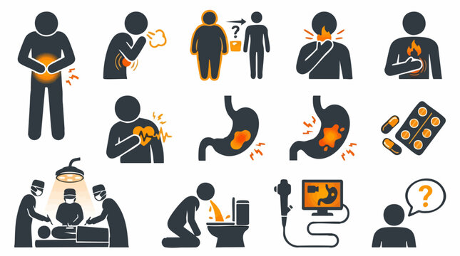 Medical icons for stomach pain, acid reflux, vomiting, and surgery