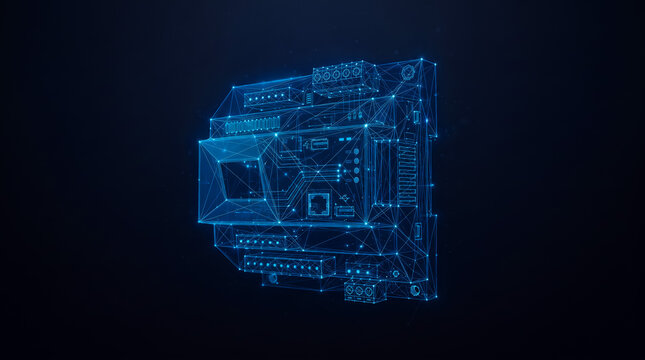 Programmable logic controller represented as a complex digital wireframe visualization glowing with bright blue lines and nodes against a dark background to show modern industrial automation and techn