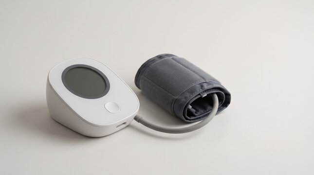 Digital blood pressure monitor with gray cuff resting on a clean white surface captures modern healthcare diagnostics technology for monitoring hypertension using precise electronic sensors in a minim