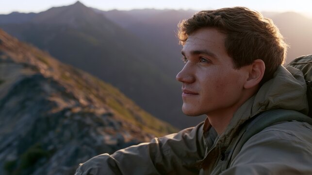 Young man appreciating a beautiful mountain landscape during sunset while reflecting in the tranquility of nature