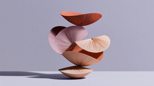 Abstract sculpture composed of layered, curved paper forms in shades of pink and terracotta, arranged in a balanced vertical stack against a light gray background