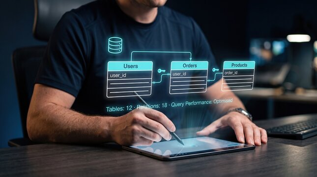Database schema developer analyzing connected users orders and products tables with relationships query performance and optimized data architecture on holographic tablet interface