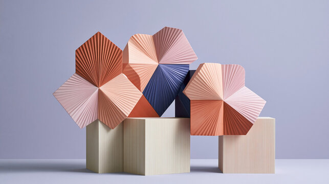Colorful paper flowers arranged on wooden blocks against a soft purple background, showcasing intricate folds and geometric shapes in a modern decorative style