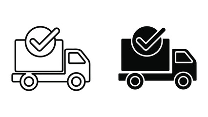 Fototapeta premium Delivery truck with checkmark icon in outline and solid vector graphic